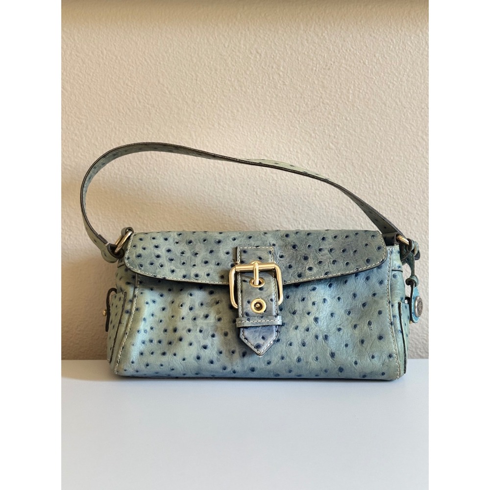 Dooney & Bourke Kyra Ostrich Embossed Leather Shoulder Bag Teal Blue Buckle Flap